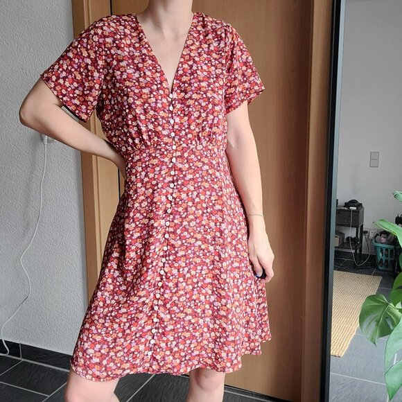 Madewell V-Neck Spring Prairie Orange-Red Ditsy Floral Button Front Mini Dress 2 - Picture 5 of 14